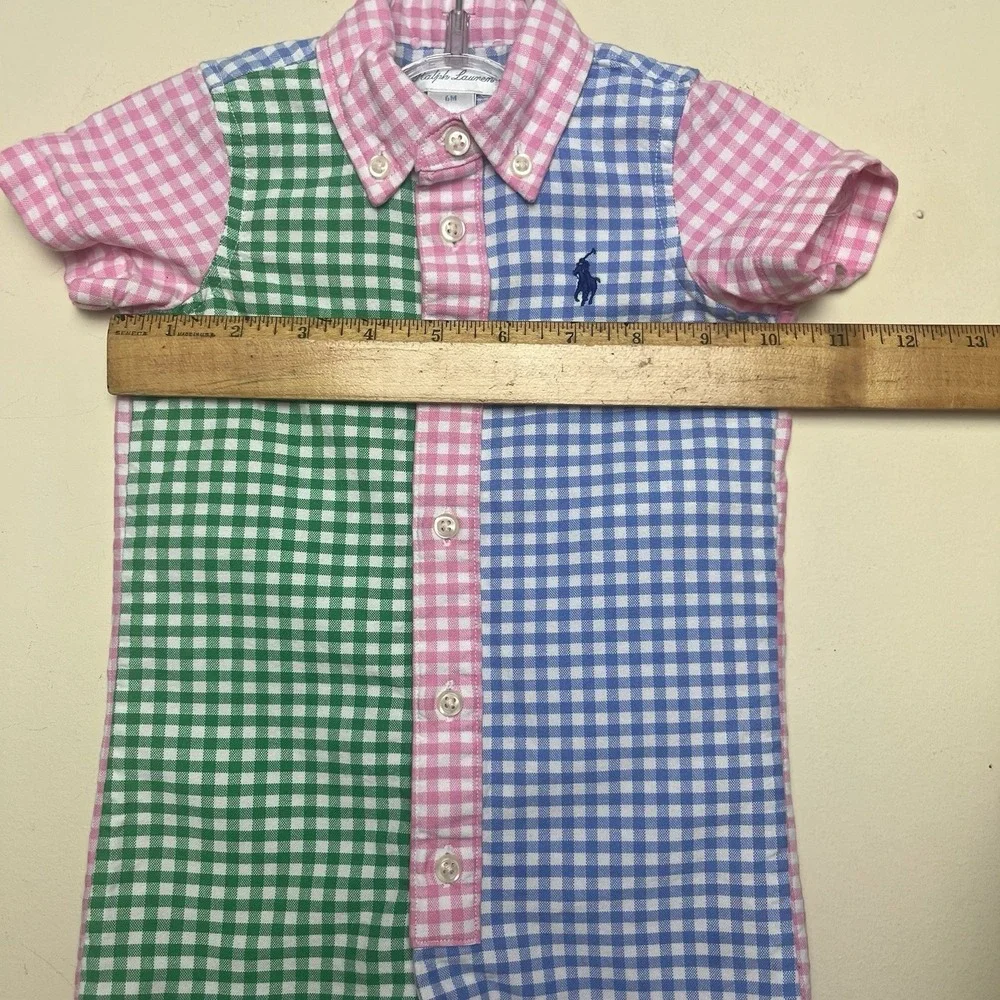 Ralph Lauren Polo Baby Gingham Cotton Oxford Fun Romper EUC Blue Green Pink 6M‎